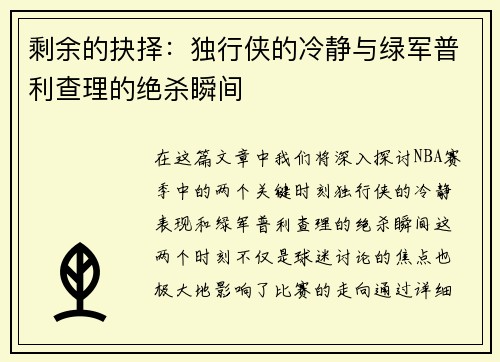 剩余的抉择：独行侠的冷静与绿军普利查理的绝杀瞬间