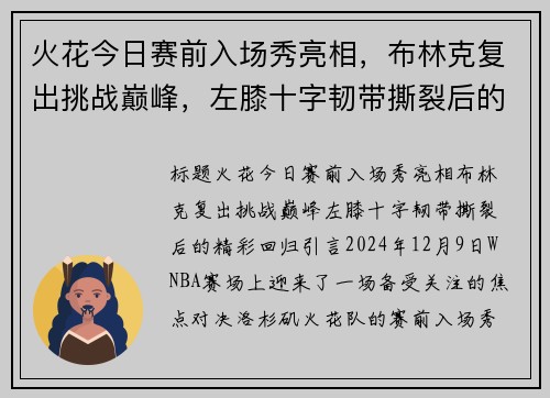 火花今日赛前入场秀亮相，布林克复出挑战巅峰，左膝十字韧带撕裂后的精彩回归