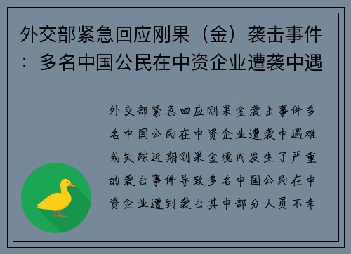 外交部紧急回应刚果（金）袭击事件：多名中国公民在中资企业遭袭中遇难或失踪
