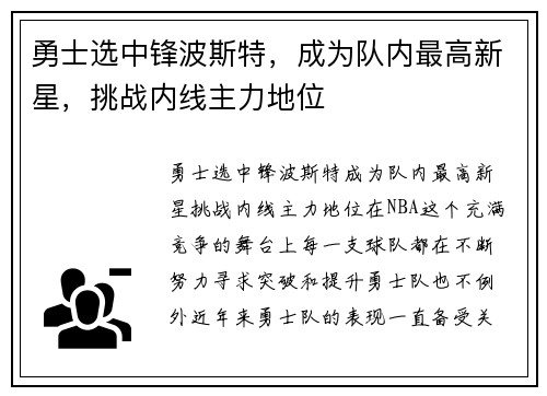 勇士选中锋波斯特，成为队内最高新星，挑战内线主力地位