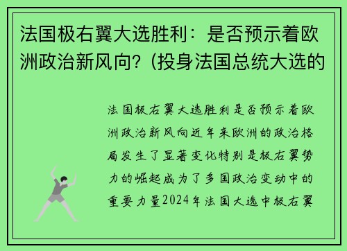 法国极右翼大选胜利：是否预示着欧洲政治新风向？(投身法国总统大选的极右翼)