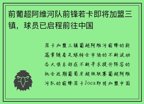 前葡超阿维河队前锋若卡即将加盟三镇，球员已启程前往中国