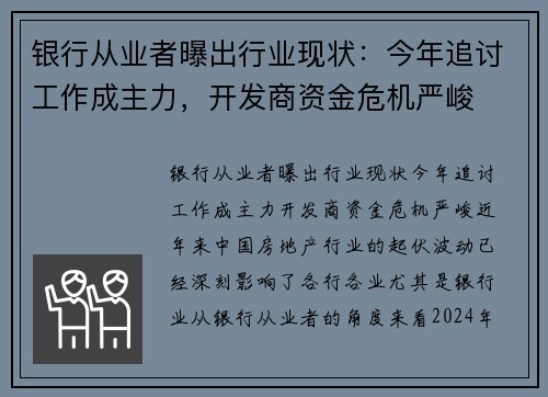 银行从业者曝出行业现状：今年追讨工作成主力，开发商资金危机严峻