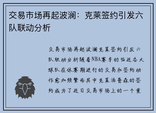 交易市场再起波澜:克莱签约引发六队联动分析 交易市场再起波澜:克莱签约引发六队联动分析