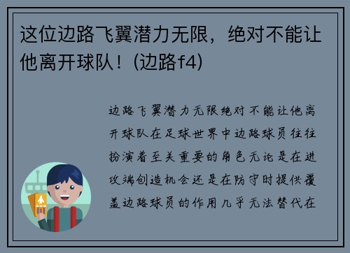 这位边路飞翼潜力无限，绝对不能让他离开球队！(边路f4)